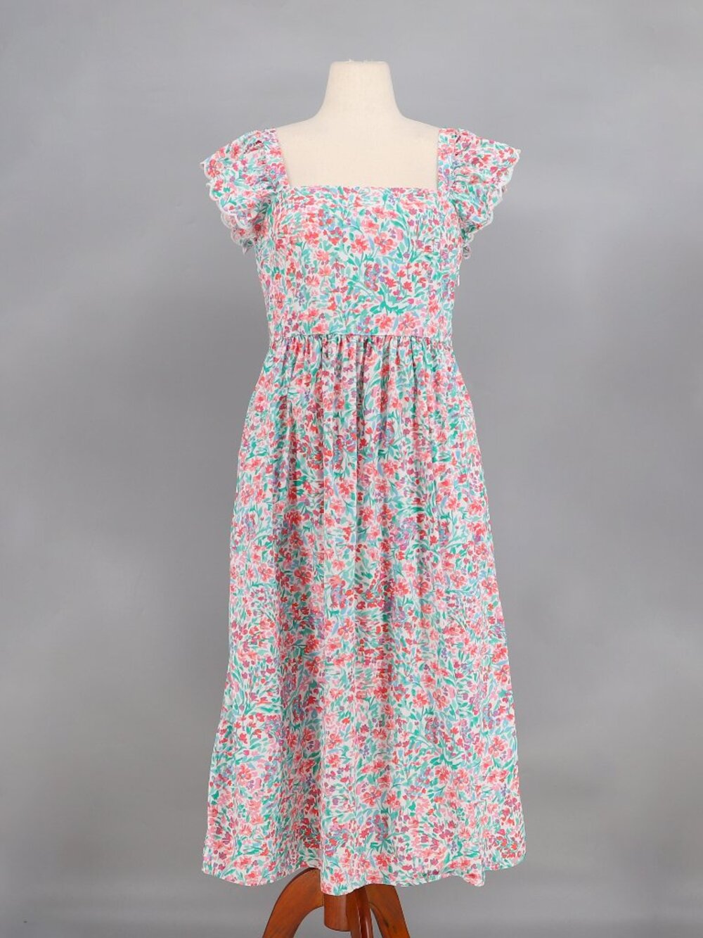 J. CREW Ruffle Sleeve Floral Cotton Midi Dress Pink Green Size 12